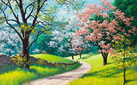 نقاشی زیبا از طبیعت بهاری درختان spring nature painting
