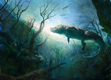 نقاشی تمساح از زیر آب برکه crocodile under water