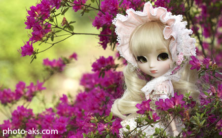 عکس عروسک ناز در میان گلها cute doll girl in flowers
