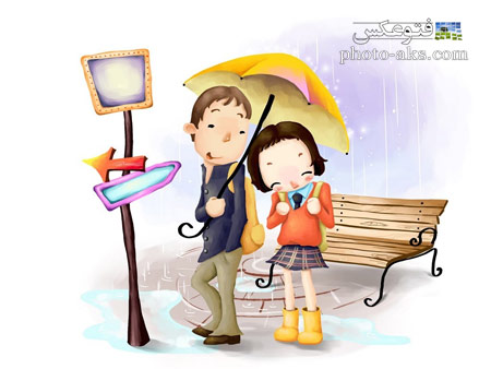 دختر و پسر زیر باران کارتونی girl and boy under rain