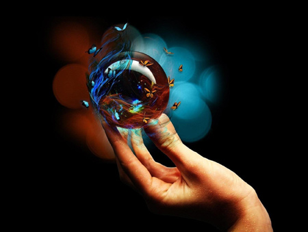 عکس گوی گرد شیشه ای در دست glass ball 3d in hand
