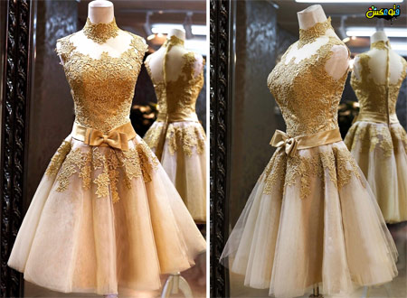 عکس لباس مجلسی طلایی گیپور golden prom dress