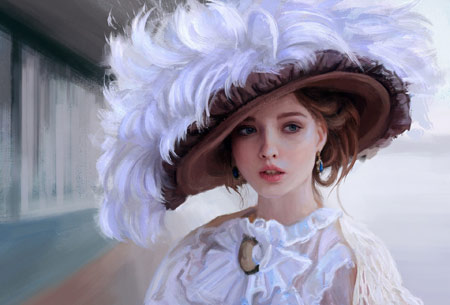 نقاشی زیبای زن با کلاه پر سفید painting women