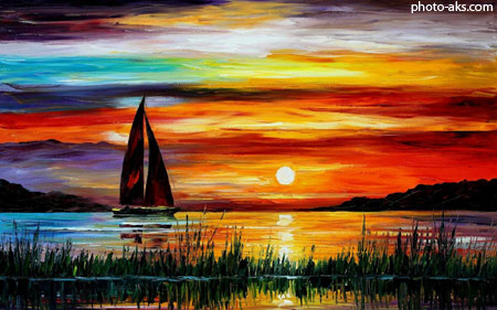 تابلو نقاشی رنگ روغن منظره painting sunset sea boat