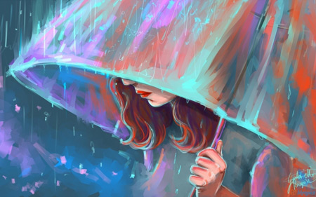 دختر غمگین با چتر زیر باران sad girl in rain