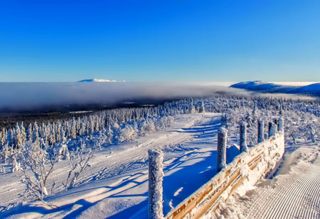 منظره طبیعت برفی کوهستانی سرد winter trail fence frost