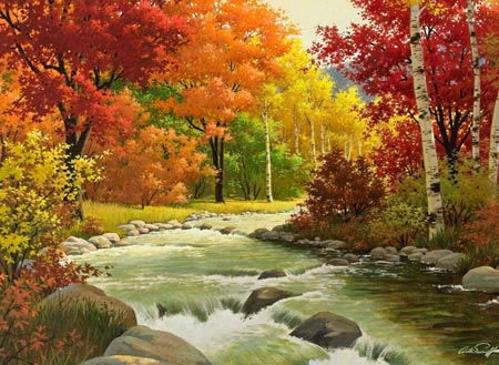 نقاشی رود و درختان پاییزی زیبا autumn landscape painting