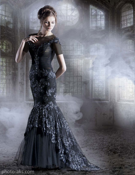 مدل لباس مجلسی مشکی با گیپور black fish prom dress