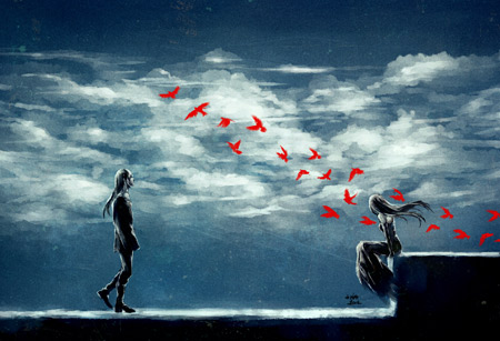 والپیپر رمانتیک دختر و پسر girl and boy red birds