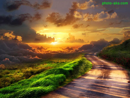 طبیعت جاده و غروب خورشید sunset road