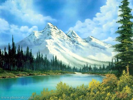 نقاشی طبیعت زیبای رودخانه و کوه winter mountain painting