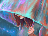 دختر غمگین با چتر زیر باران